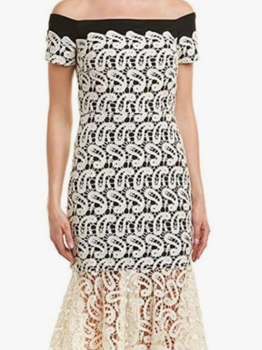 NWT Nicole Miller Runway Black/Ivory Off Shoulder Paisley Lace Bardot Dress. 10